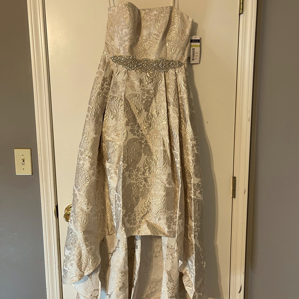 Beige and gold high low dress with pockets